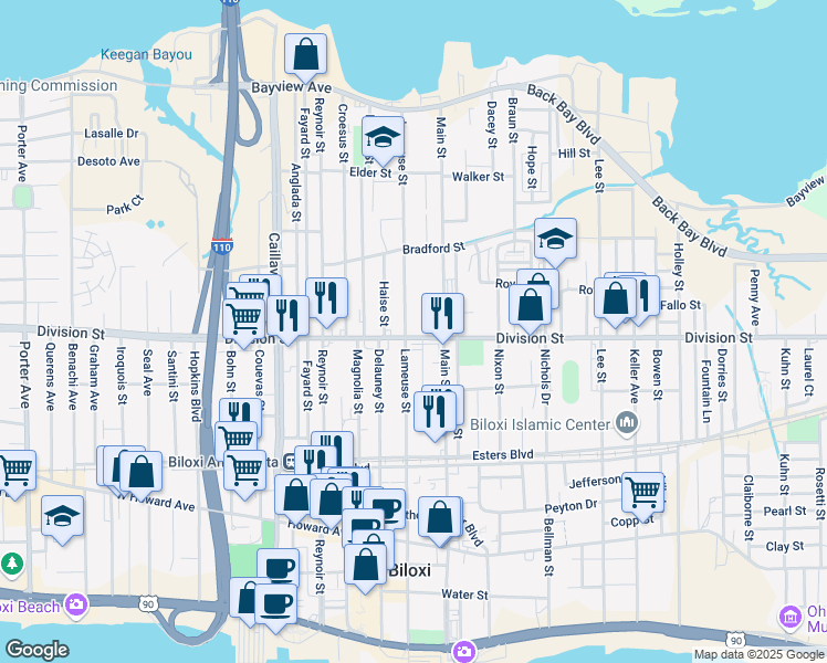 map of restaurants, bars, coffee shops, grocery stores, and more near 304 Lameuse Street in Biloxi