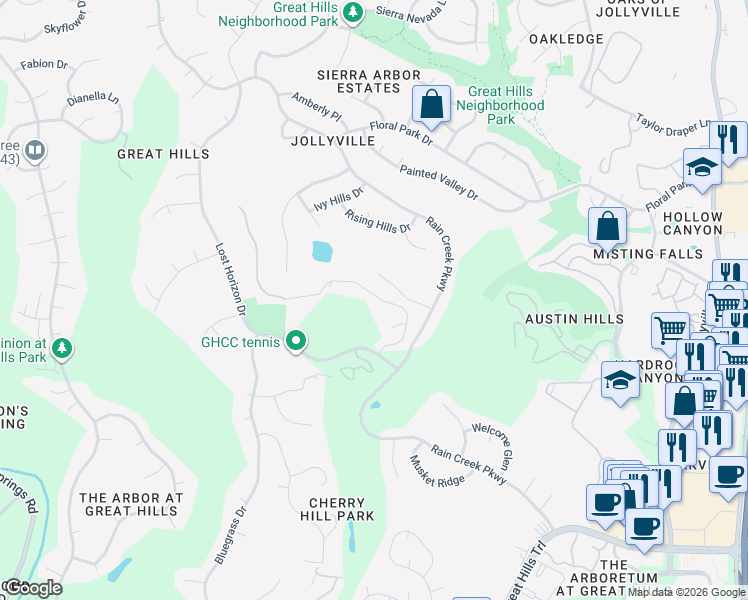 map of restaurants, bars, coffee shops, grocery stores, and more near 5727 Misty Hill Cove in Austin