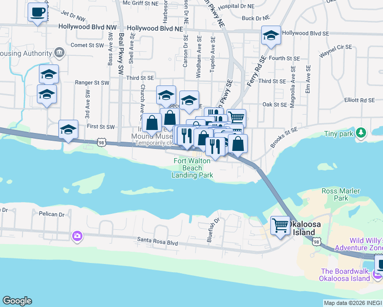 map of restaurants, bars, coffee shops, grocery stores, and more near 152 Miracle Strip Parkway Southeast in Fort Walton Beach