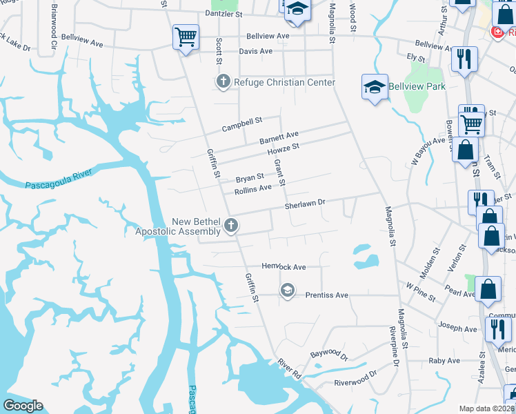 map of restaurants, bars, coffee shops, grocery stores, and more near 3501 Sherlawn Drive in Moss Point