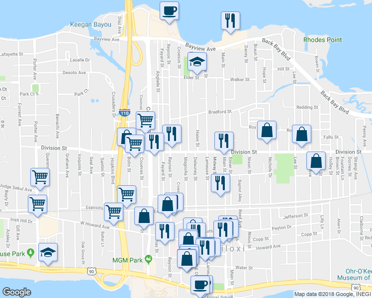 map of restaurants, bars, coffee shops, grocery stores, and more near 800 Division Street in Biloxi