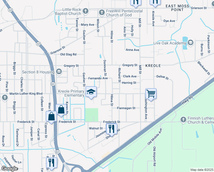 map of restaurants, bars, coffee shops, grocery stores, and more near 4306 Donovan Street in Moss Point