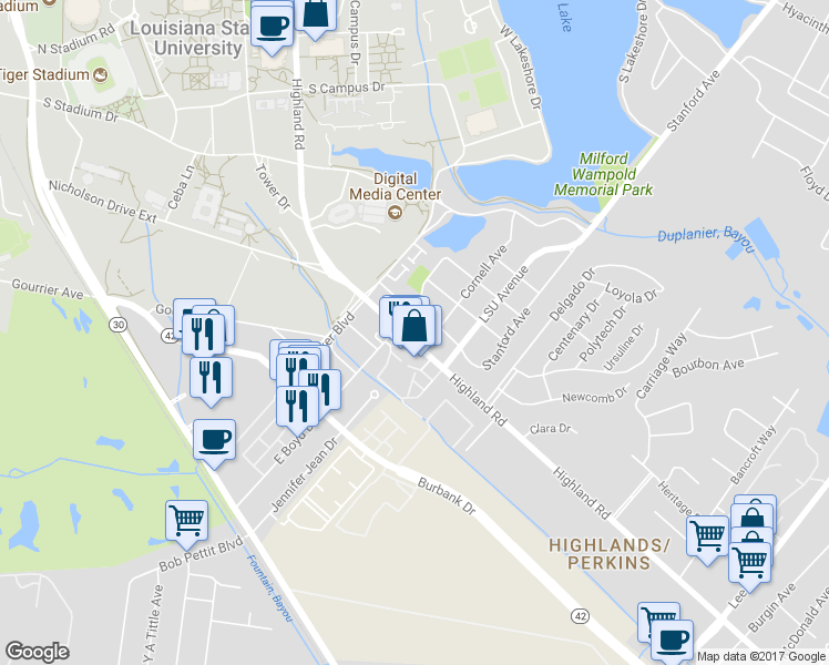 map of restaurants, bars, coffee shops, grocery stores, and more near 4325 Highland Road in Baton Rouge