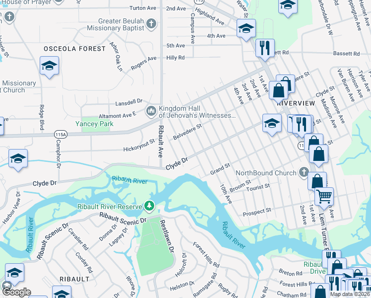 map of restaurants, bars, coffee shops, grocery stores, and more near 9115 11th Avenue in Jacksonville
