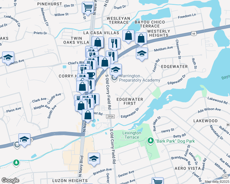 map of restaurants, bars, coffee shops, grocery stores, and more near 3 Pelham Court in Pensacola