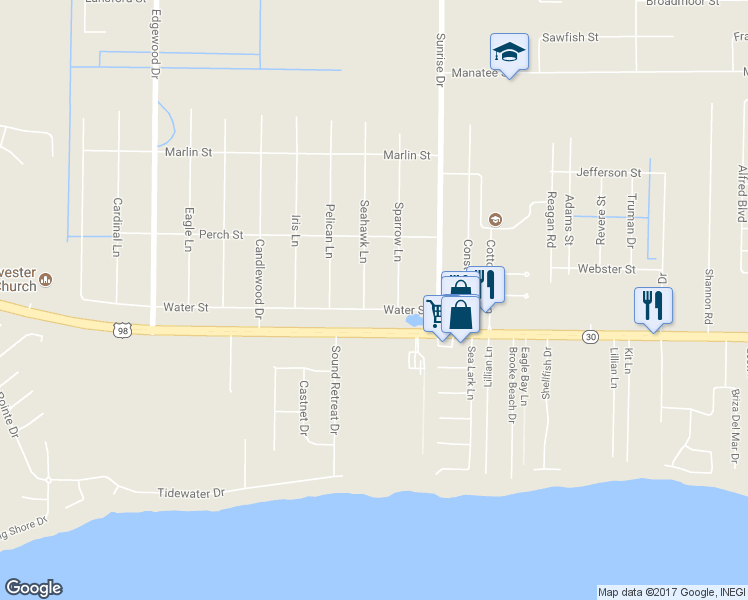 map of restaurants, bars, coffee shops, grocery stores, and more near 6816 Water Street in Navarre