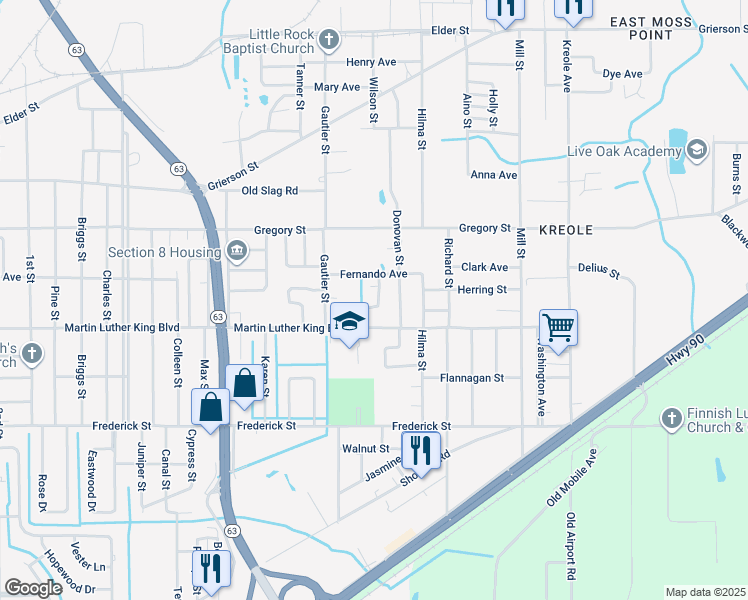 map of restaurants, bars, coffee shops, grocery stores, and more near 4337 Terrace Drive in Moss Point