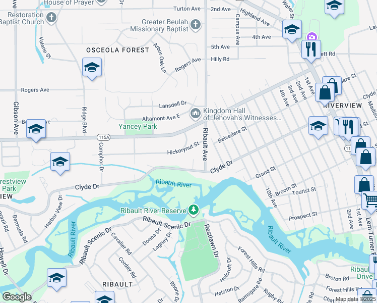 map of restaurants, bars, coffee shops, grocery stores, and more near 3062 Hickorynut Street in Jacksonville