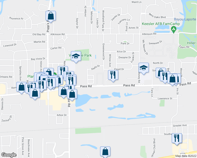 map of restaurants, bars, coffee shops, grocery stores, and more near 2224 Pass Road in Biloxi