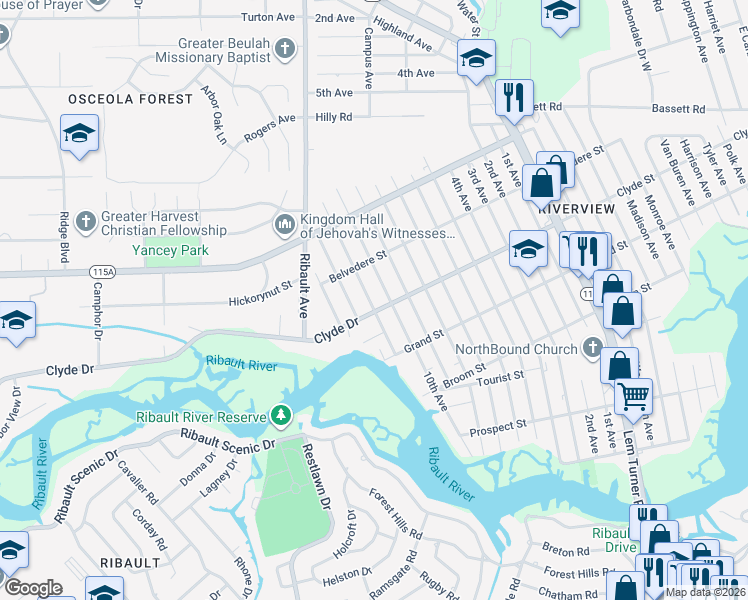 map of restaurants, bars, coffee shops, grocery stores, and more near 9115 11th Avenue in Jacksonville