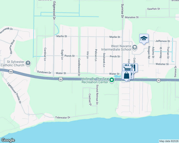 map of restaurants, bars, coffee shops, grocery stores, and more near 1824 Iris Lane in Navarre