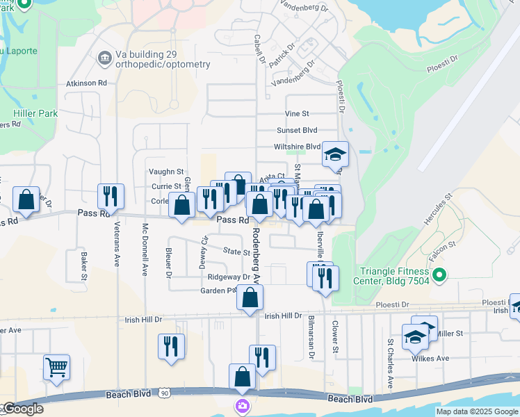map of restaurants, bars, coffee shops, grocery stores, and more near 304 Rodenberg Avenue in Biloxi