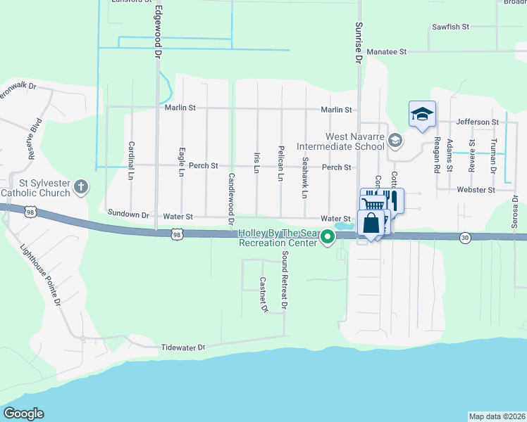 map of restaurants, bars, coffee shops, grocery stores, and more near 1824 Iris Lane in Navarre