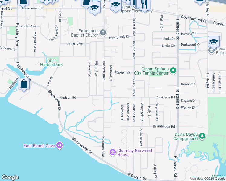 map of restaurants, bars, coffee shops, grocery stores, and more near 208 Biddix Street in Ocean Springs
