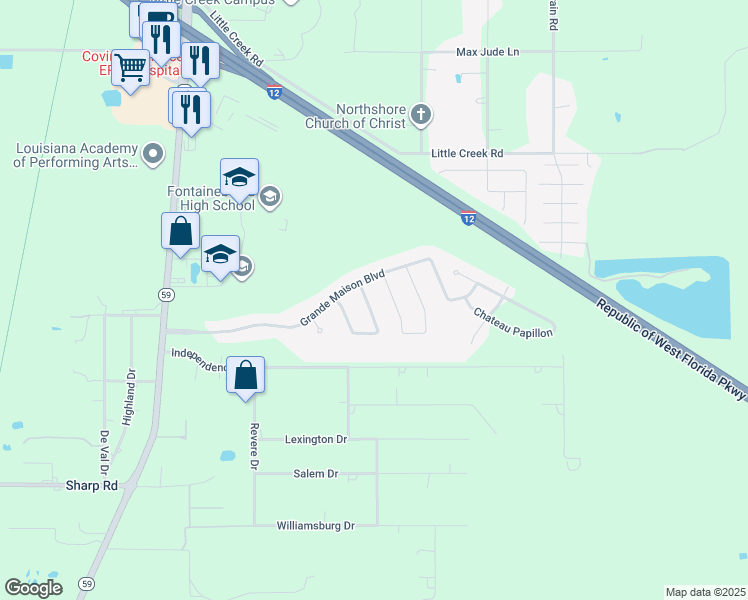 map of restaurants, bars, coffee shops, grocery stores, and more near 368 Chateau Sonesta in Mandeville