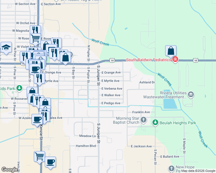 map of restaurants, bars, coffee shops, grocery stores, and more near 611 East Verbena Avenue in Foley