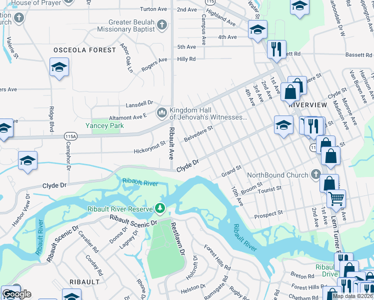 map of restaurants, bars, coffee shops, grocery stores, and more near 9145 13th Avenue in Jacksonville