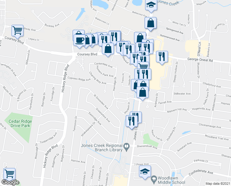 map of restaurants, bars, coffee shops, grocery stores, and more near 5331 Herridge Drive in Baton Rouge