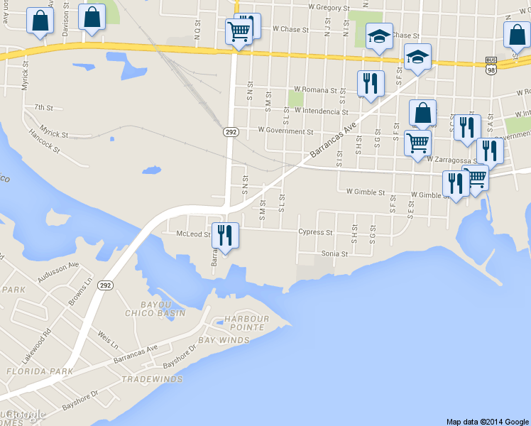 map of restaurants, bars, coffee shops, grocery stores, and more near 700 S M St in Pensacola
