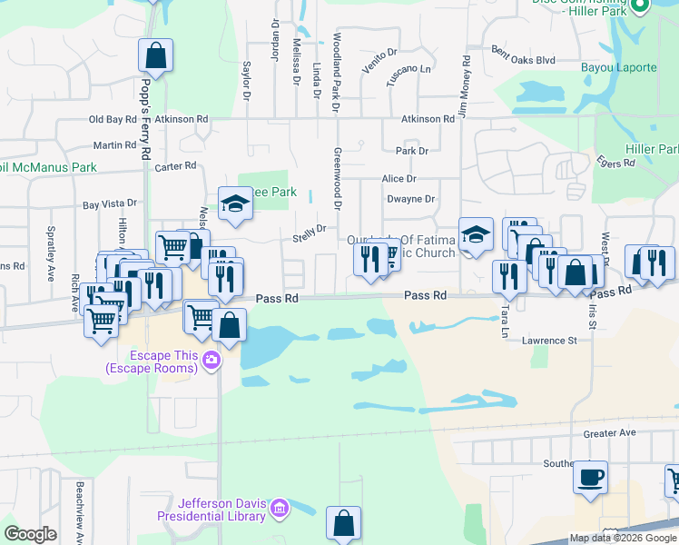 map of restaurants, bars, coffee shops, grocery stores, and more near 313 Abbey Court in Biloxi