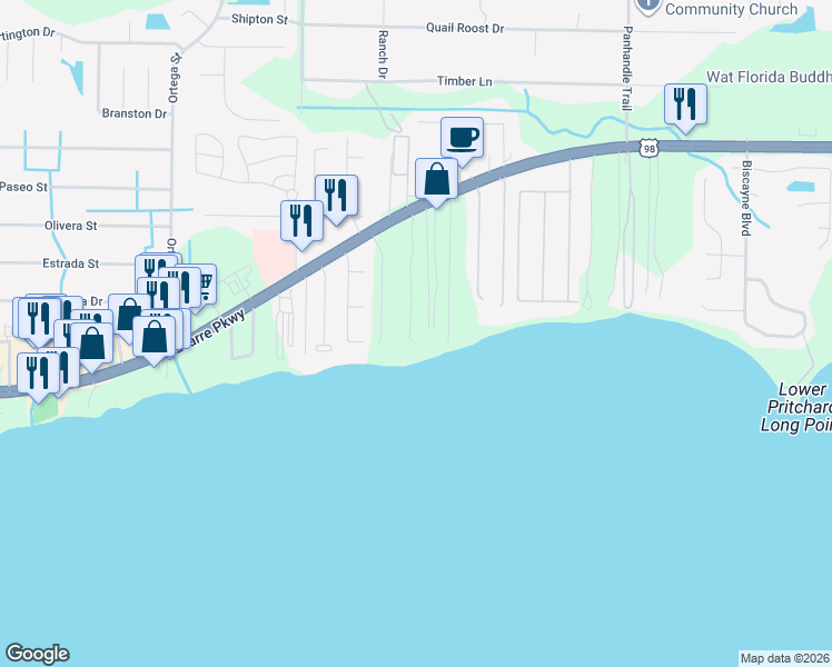 map of restaurants, bars, coffee shops, grocery stores, and more near 1934 Costa Verde Court in Navarre