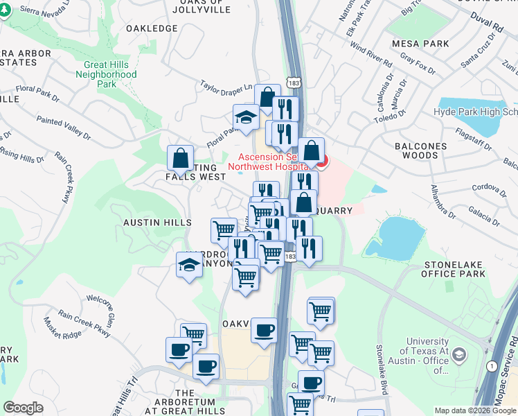 map of restaurants, bars, coffee shops, grocery stores, and more near 10937 Jollyville Road in Austin
