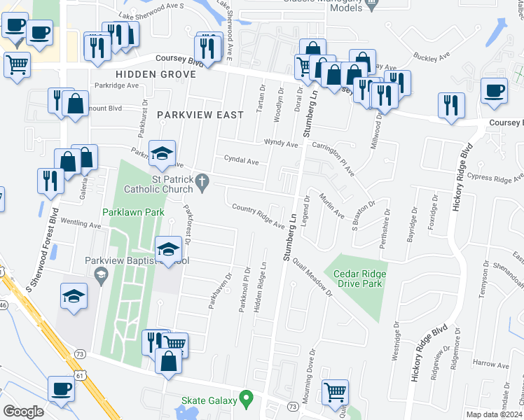 map of restaurants, bars, coffee shops, grocery stores, and more near 12703 Country Ridge Avenue in Baton Rouge