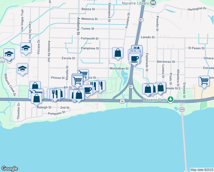 map of restaurants, bars, coffee shops, grocery stores, and more near 1900 Elevate Avenue in Navarre