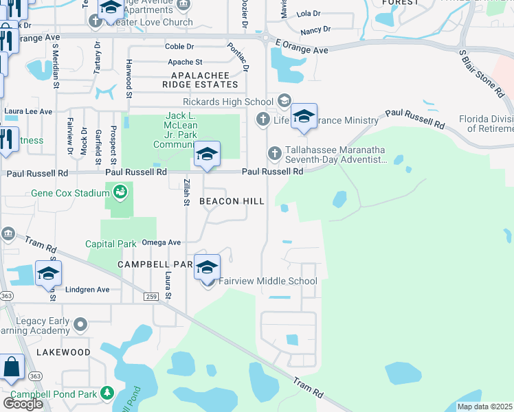 map of restaurants, bars, coffee shops, grocery stores, and more near 3216 Jim Lee Road in Tallahassee