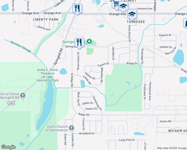 map of restaurants, bars, coffee shops, grocery stores, and more near 1108 Hastie Road in Tallahassee