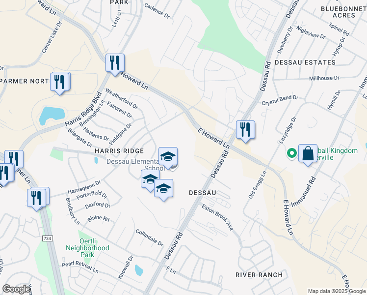 map of restaurants, bars, coffee shops, grocery stores, and more near 1501 East Howard Lane in Austin