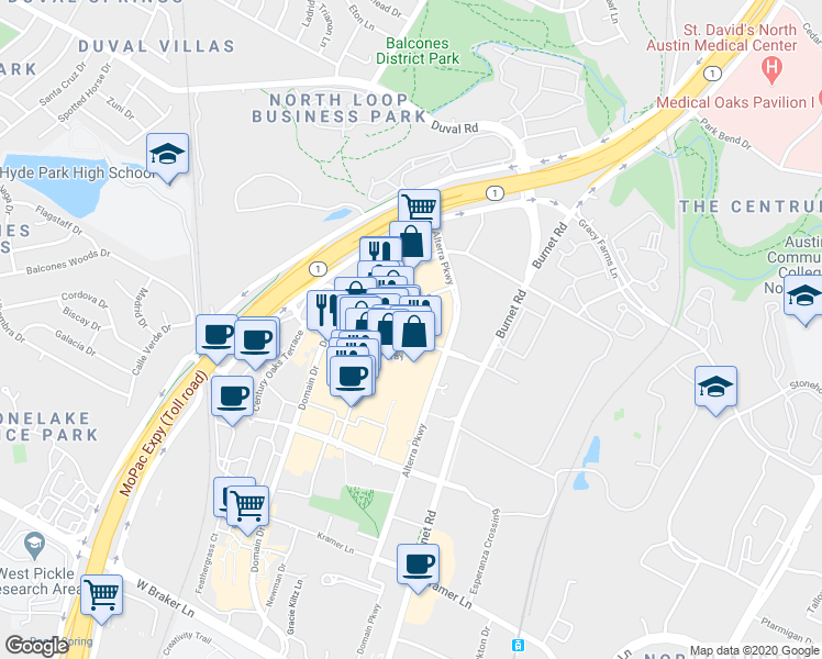 map of restaurants, bars, coffee shops, grocery stores, and more near 11721 Domain Boulevard in Austin