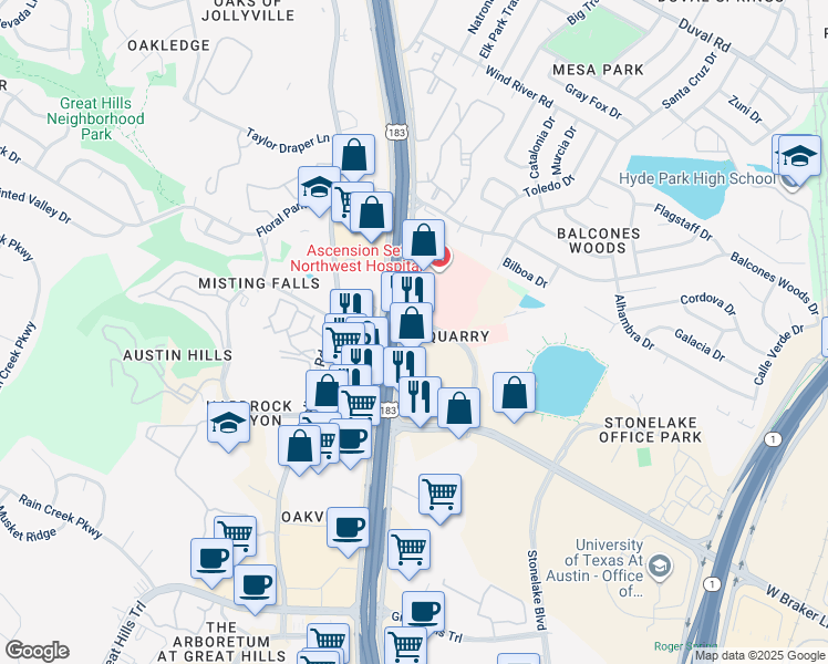 map of restaurants, bars, coffee shops, grocery stores, and more near in Austin