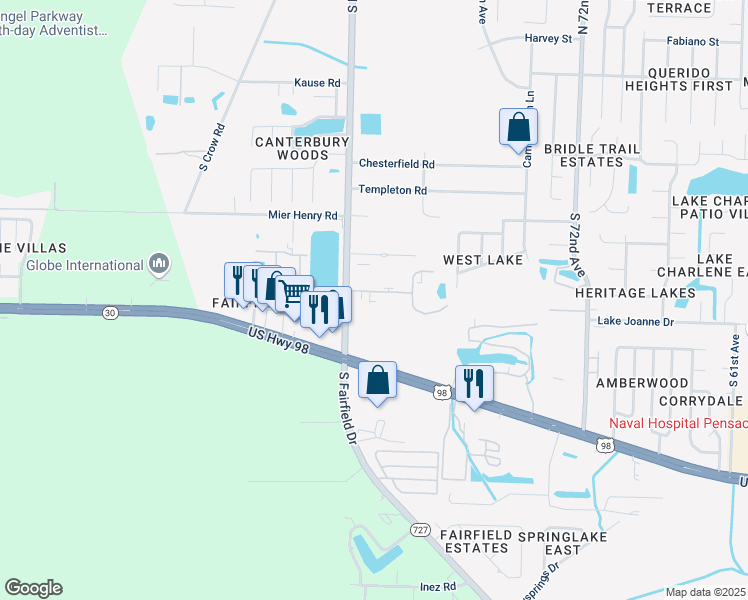 map of restaurants, bars, coffee shops, grocery stores, and more near 11 Villa Drive in Pensacola