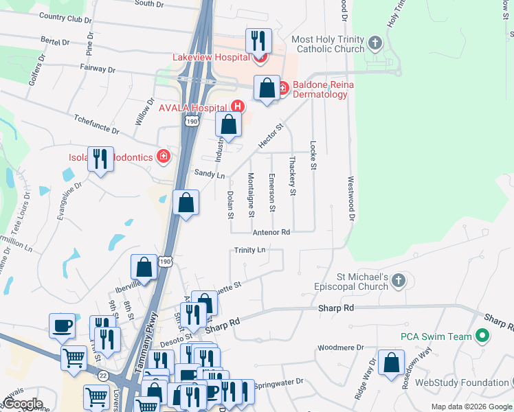 map of restaurants, bars, coffee shops, grocery stores, and more near 67070 Montaigne Street in Mandeville