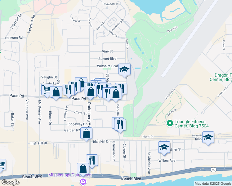 map of restaurants, bars, coffee shops, grocery stores, and more near 1628 Gordon Avenue in Biloxi
