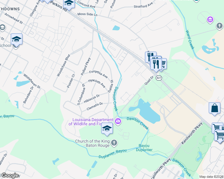 map of restaurants, bars, coffee shops, grocery stores, and more near 1614 Dahlia Street in Baton Rouge