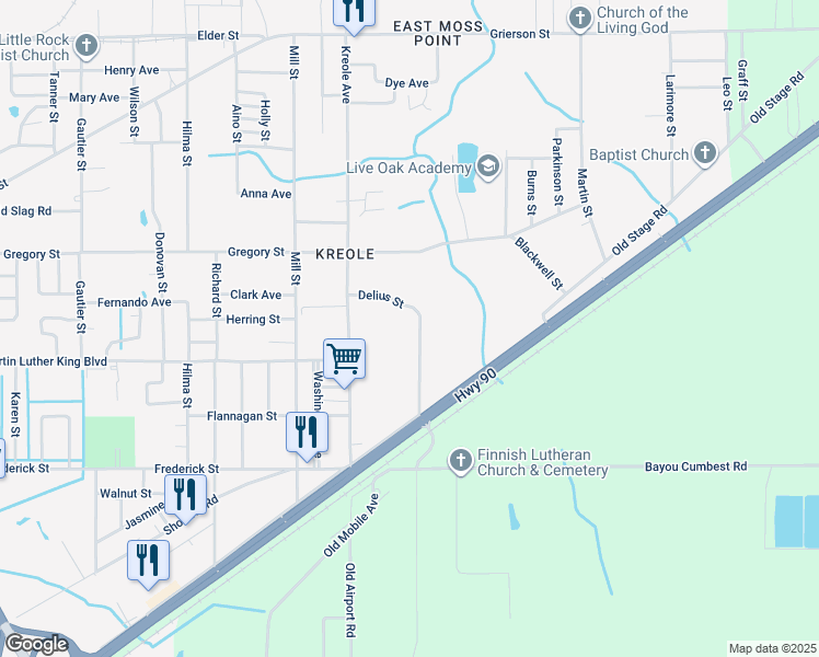map of restaurants, bars, coffee shops, grocery stores, and more near 4313 Delius St in Moss Point