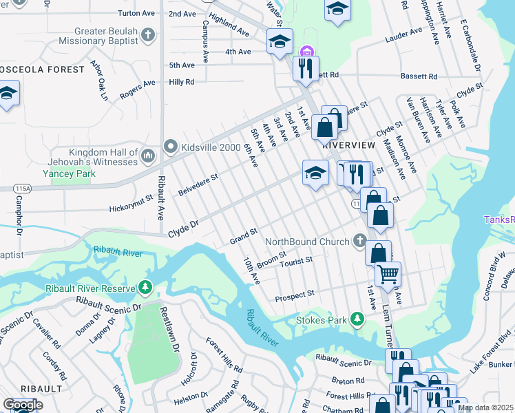 map of restaurants, bars, coffee shops, grocery stores, and more near 9056 7th Avenue in Jacksonville