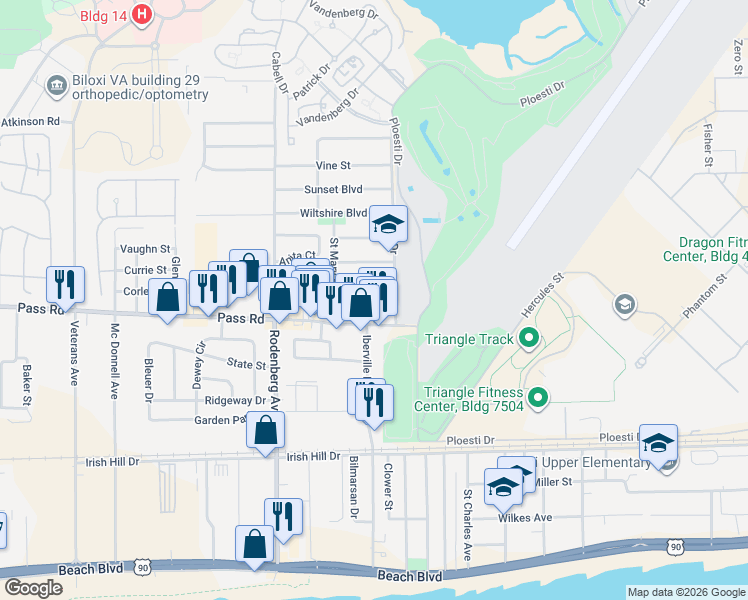 map of restaurants, bars, coffee shops, grocery stores, and more near 1628 Gordon Avenue in Biloxi