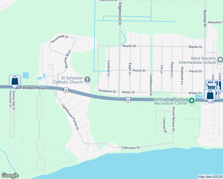 map of restaurants, bars, coffee shops, grocery stores, and more near 1828 Sundown Drive in Navarre
