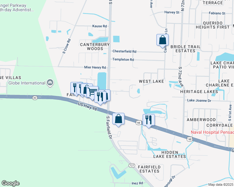 map of restaurants, bars, coffee shops, grocery stores, and more near 11 Villa Drive in Pensacola