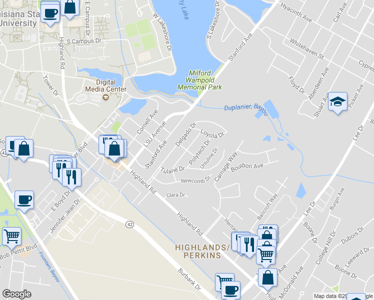 map of restaurants, bars, coffee shops, grocery stores, and more near 501 Centenary Drive in Baton Rouge