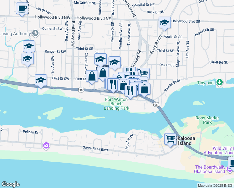 map of restaurants, bars, coffee shops, grocery stores, and more near 152 Miracle Strip Parkway Southeast in Fort Walton Beach