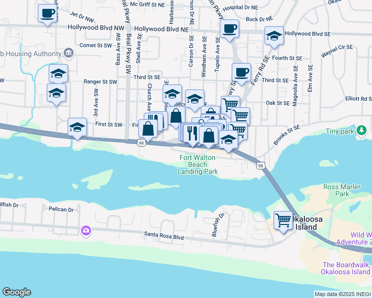 map of restaurants, bars, coffee shops, grocery stores, and more near 124 Miracle Strip Parkway Southeast in Fort Walton Beach