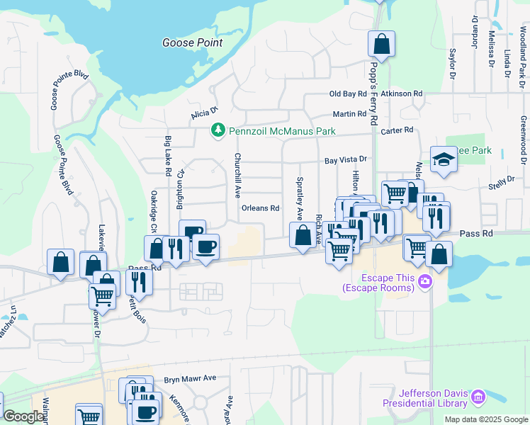 map of restaurants, bars, coffee shops, grocery stores, and more near 2515 Orleans Road in Biloxi
