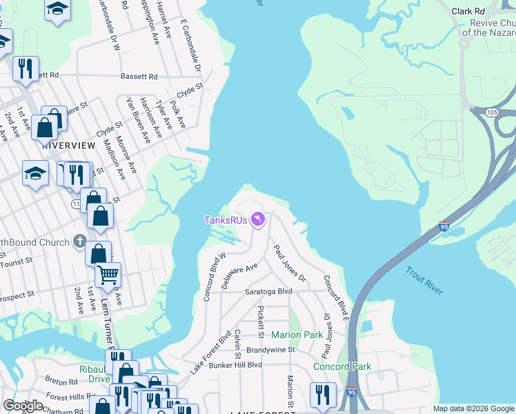 map of restaurants, bars, coffee shops, grocery stores, and more near 8481 Concord Boulevard East in Jacksonville