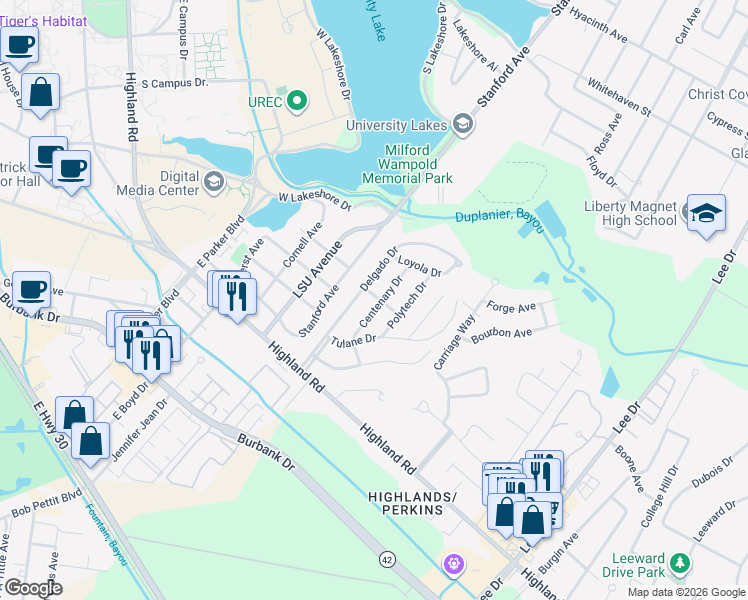 map of restaurants, bars, coffee shops, grocery stores, and more near 455 Centenary Drive in Baton Rouge