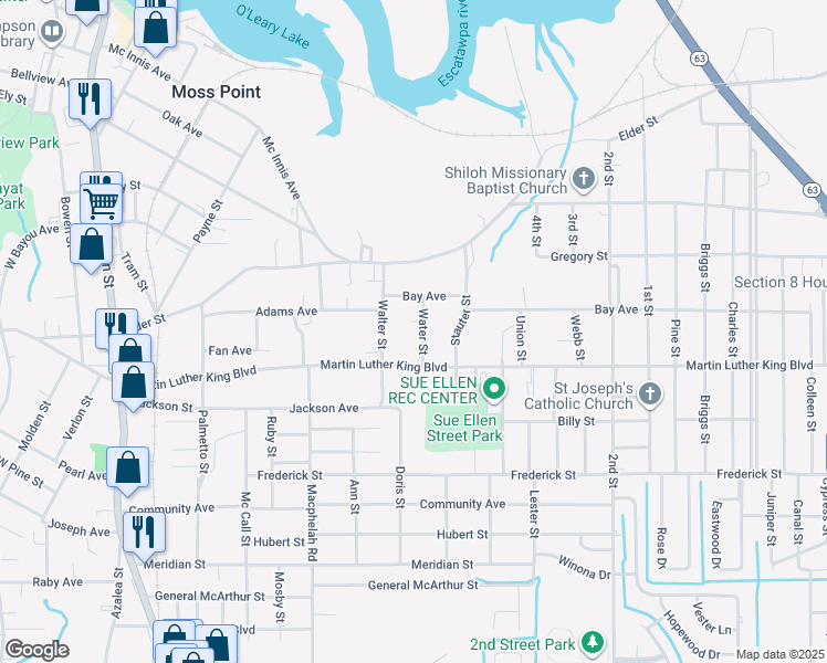 map of restaurants, bars, coffee shops, grocery stores, and more near 4331 Water Street in Moss Point