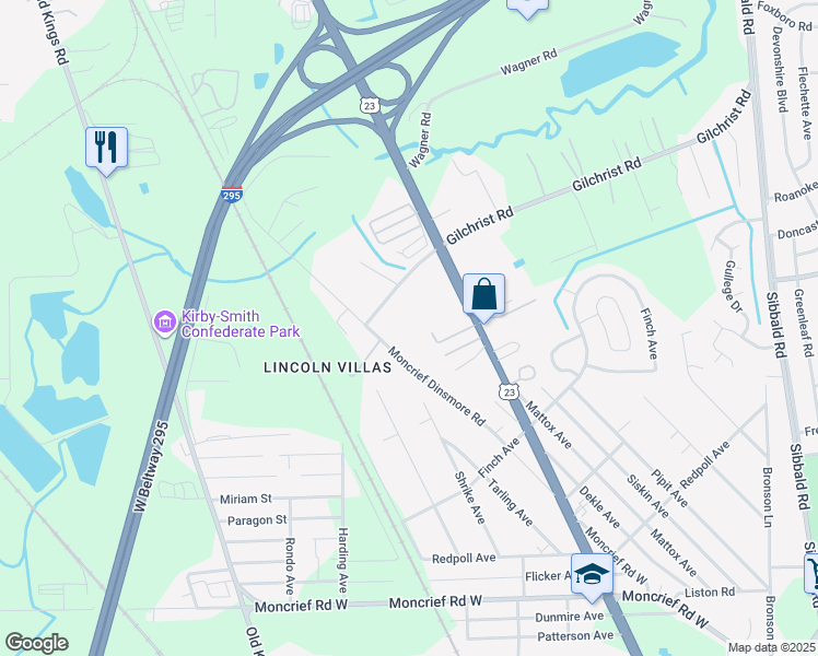 map of restaurants, bars, coffee shops, grocery stores, and more near 8359 Moncrief Dinsmore Road in Jacksonville